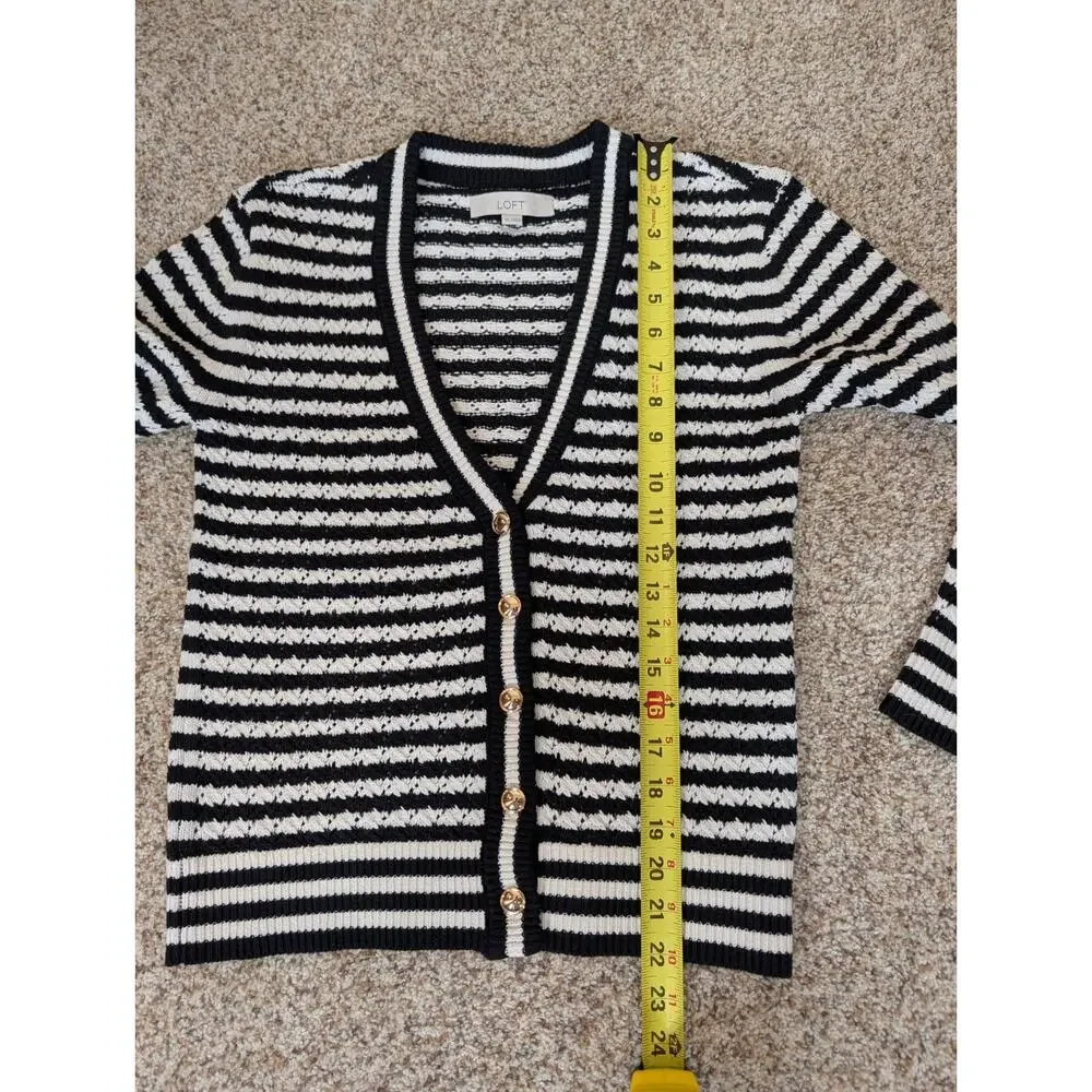LOFT Pointelle Striped Cardigan Size XS Black White Stripe Gold Buttons Crochet